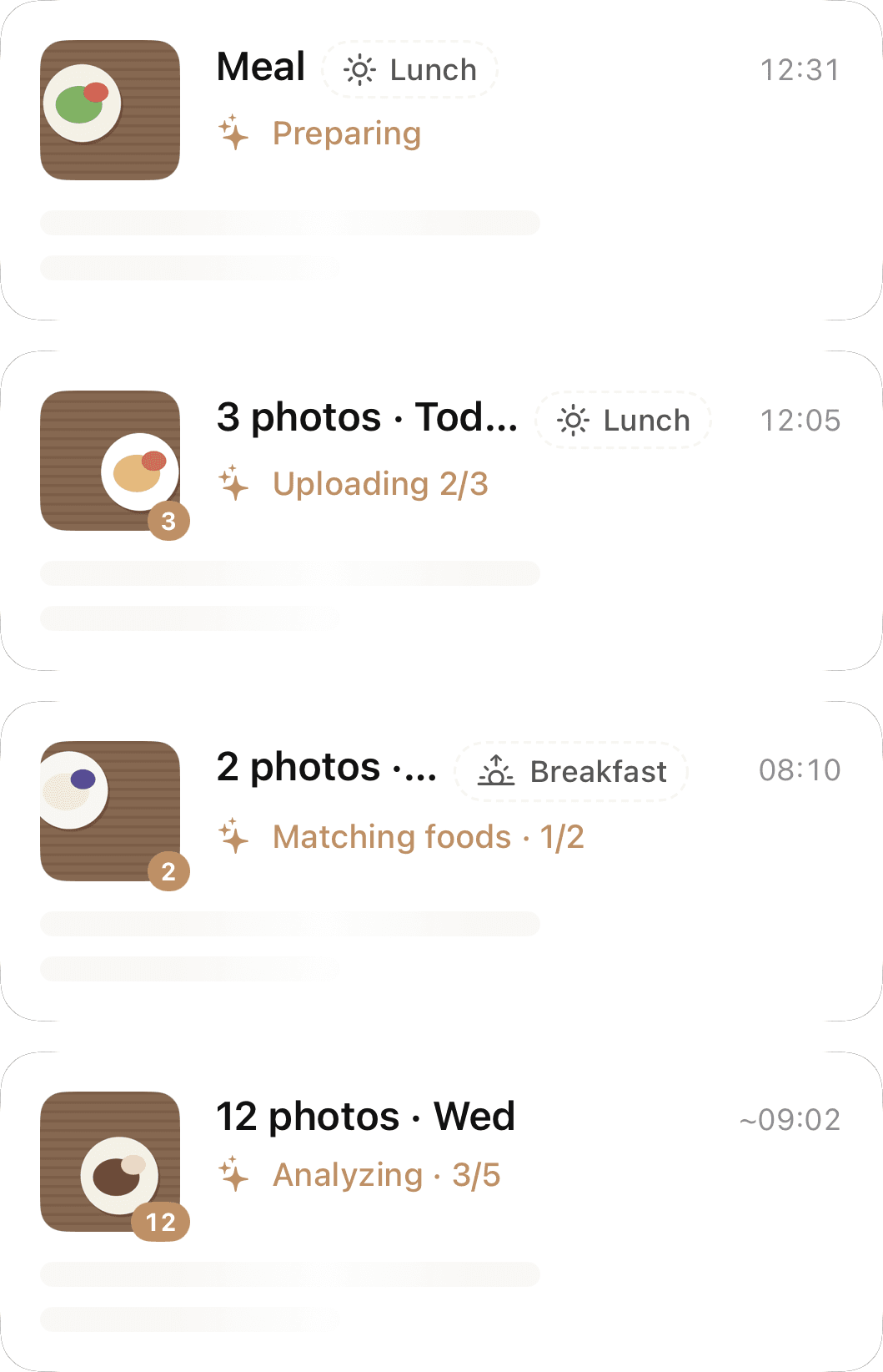 Meals being processed: one preparing, three photos uploading, two matching foods, and twelve imported photos being analyzed.