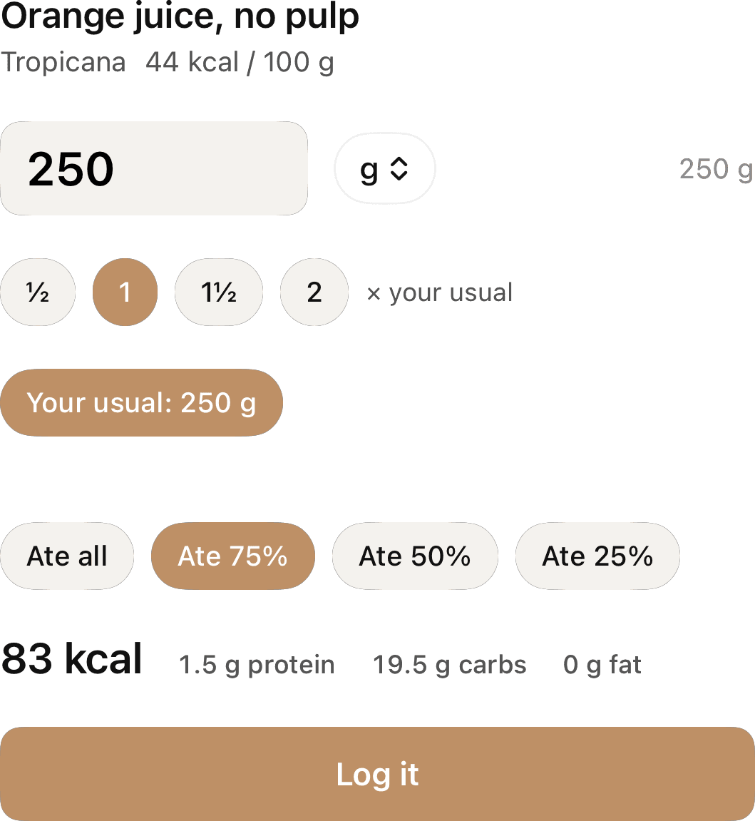 Choosing a portion of Tropicana orange juice: quick multiples of your usual glass, how much you drank, and the resulting calories.