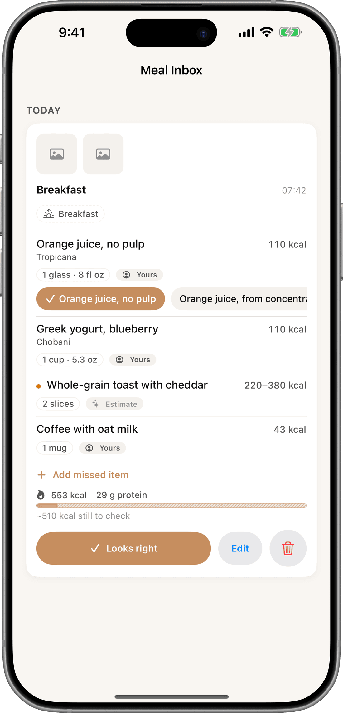 A meal draft in the MyMeals inbox.