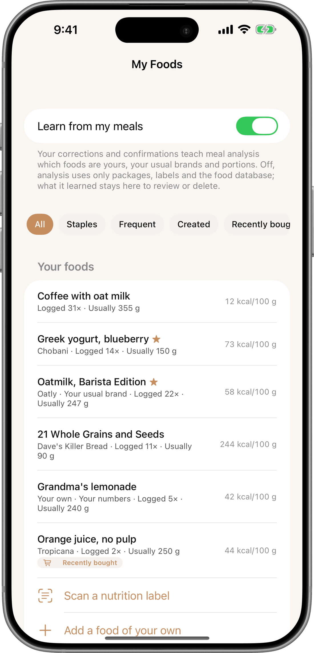 My Foods, the foods MyMeals has learned.